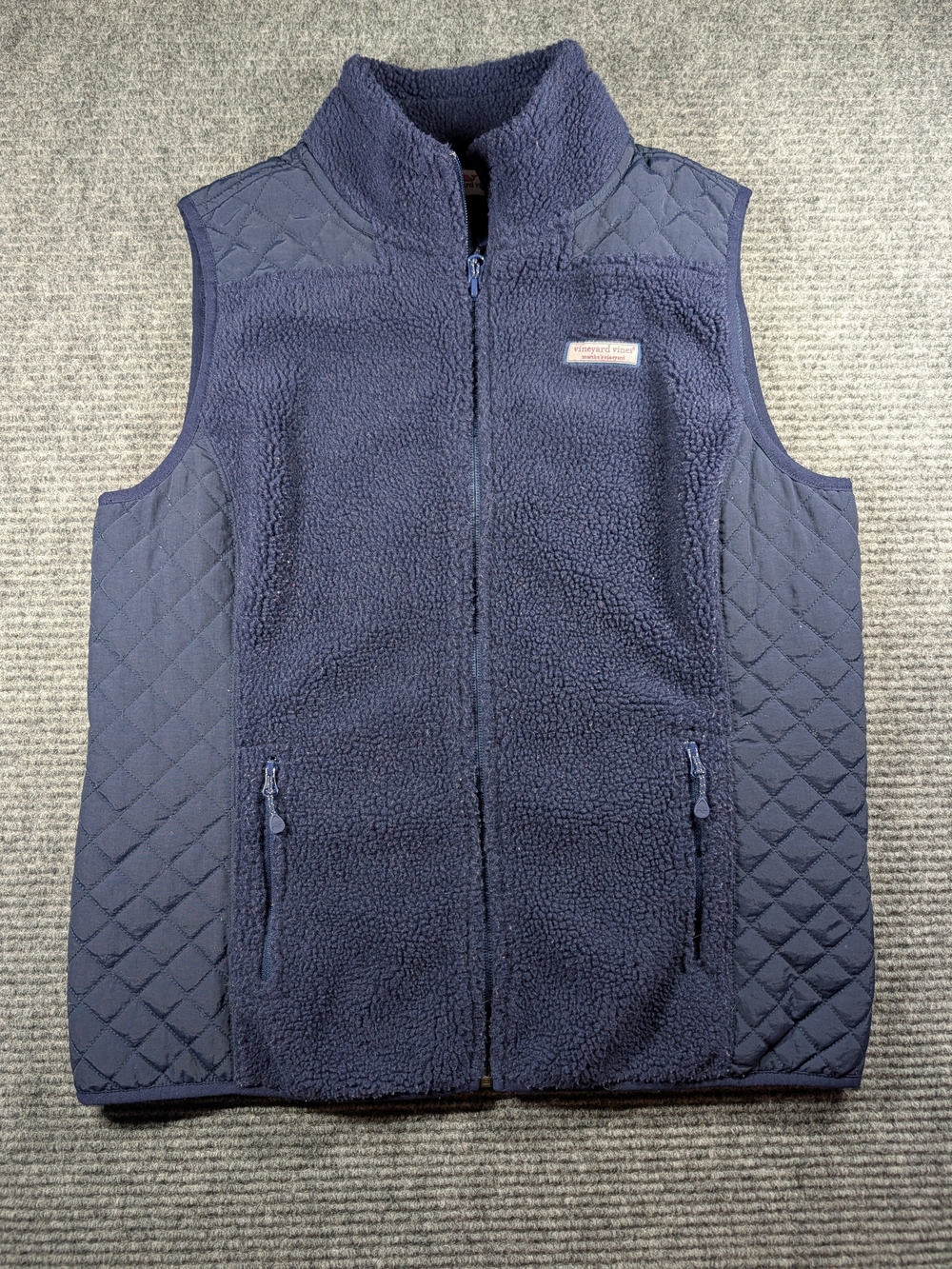 Vineyard Vines Sea View Sherpa Fleece Quilted Vest Navy Blue Full Zip Size Med.